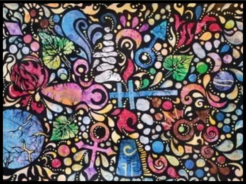 Artist Linda Snyder of Johnstown, Colorado, created this colorful collage of symbols using acrylics specifically for this IRSJA invitational conference.